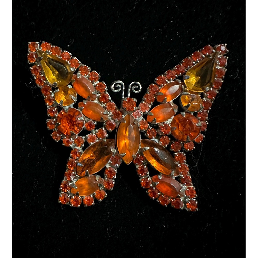 Orange rhinestone Butterfly Pin Unsigned Weiss